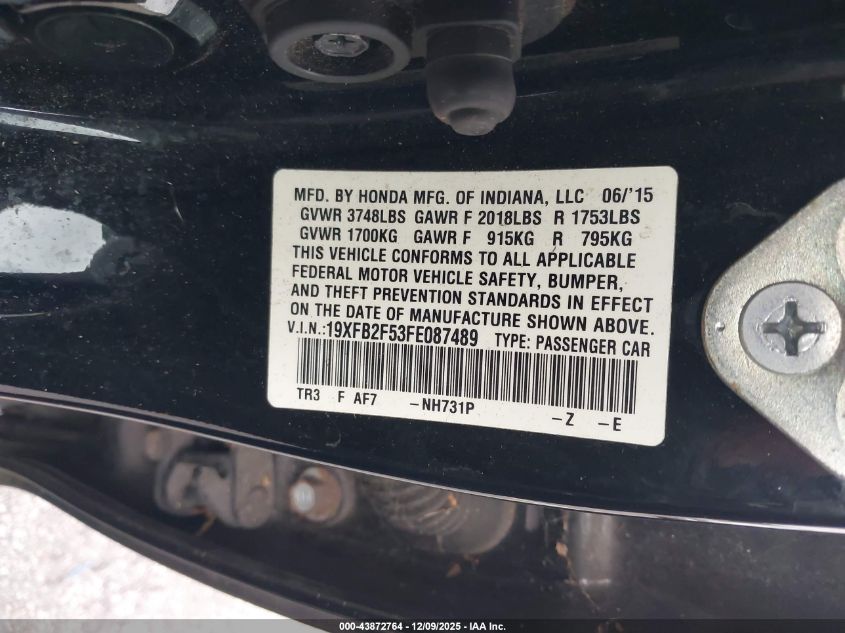 2015 Honda Civic Lx VIN: 19XFB2F53FC087489 Lot: 43872764