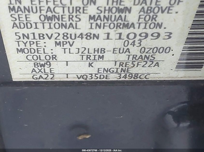 2008 Nissan Quest 3.5 S VIN: 5N1BV28U48N110993 Lot: 43872768