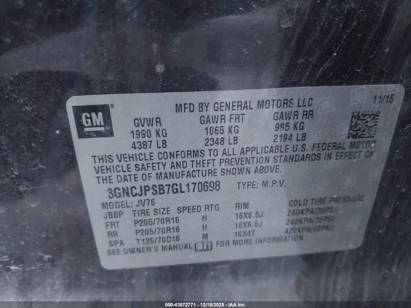 2016 Chevrolet Trax Lt VIN: 3GNCJPSB7GL170698 Lot: 43872771