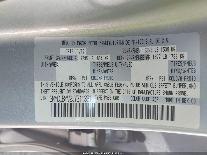 2018 Toyota Yaris Ia VIN: 3MYDLBYV2JY311331 Lot: 43872775