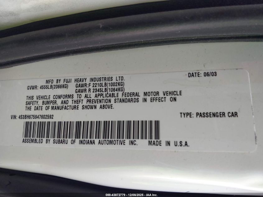 2004 Subaru Outback VIN: 4S3BH675947602592 Lot: 43872779