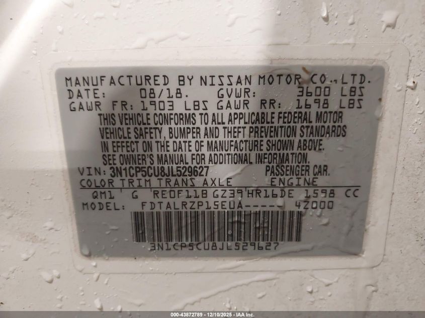 2018 Niss Kicks S Fwd S VIN: 3N1CP5CU8JL529627 Lot: 43872789