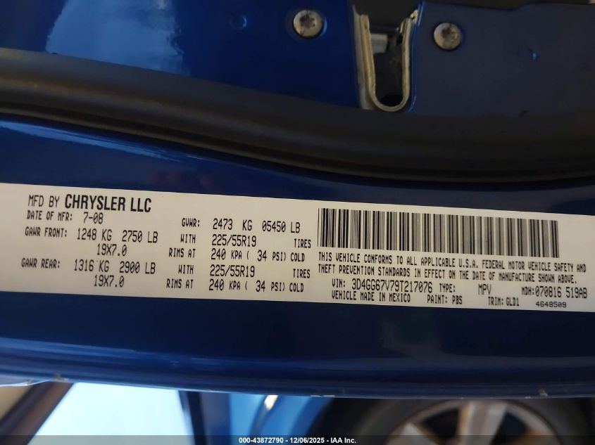 2009 Dodge Journey R/T VIN: 3D4GG67V79T217076 Lot: 43872790