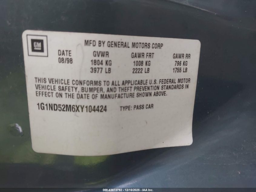 1999 Chevrolet Malibu VIN: 1G1ND52M6XY104424 Lot: 43872792