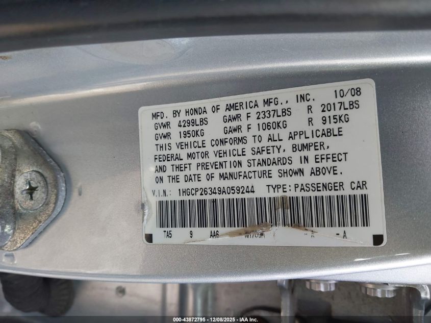 2009 Honda Accord 2.4 Lx VIN: 1HGCP26349A059244 Lot: 43872795