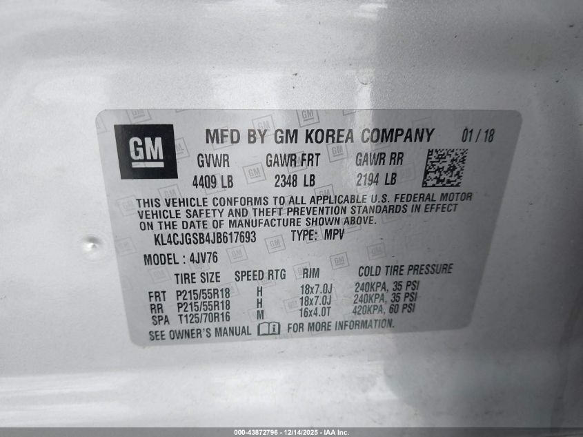 2018 Buick Encore Essence VIN: KL4CJGSB4JB617693 Lot: 43872796