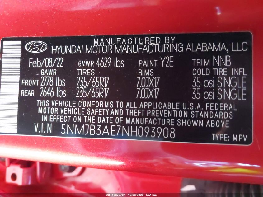 2022 Hyundai Tucson Sel VIN: 5NMJB3AE7NH093908 Lot: 43872797