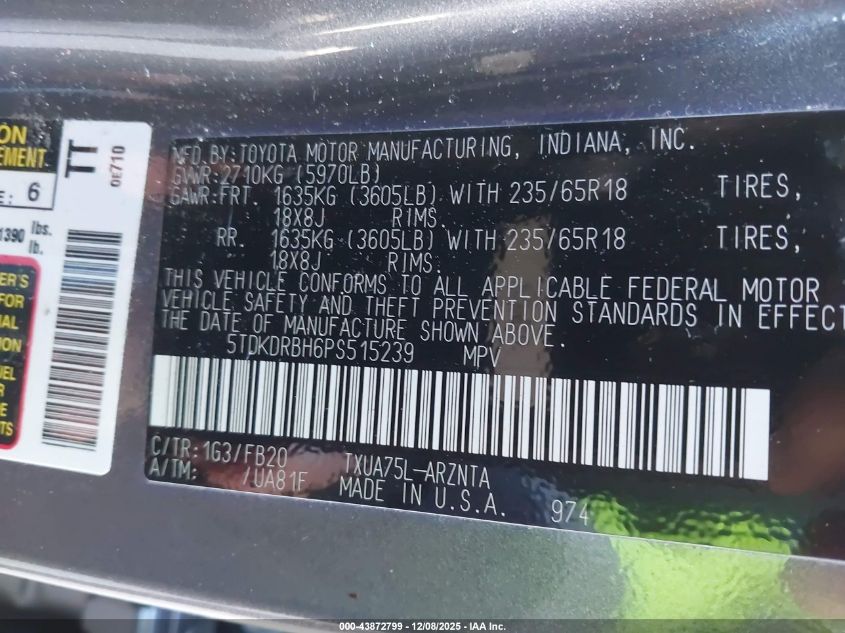 2023 Toyota Highlander L VIN: 5TDKDRBH6PS515239 Lot: 43872799