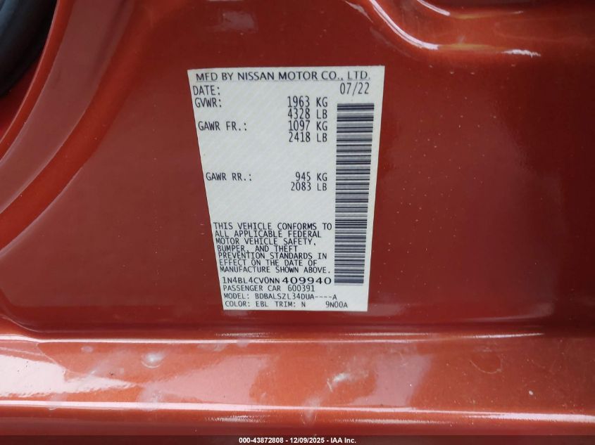 2022 Nissan Altima Sr Fwd VIN: 1N4BL4CVONN409940 Lot: 43872808