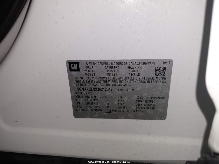 2018 Chevrolet Equinox Lt VIN: 2GNAXSEVXJ6212517 Lot: 43872812