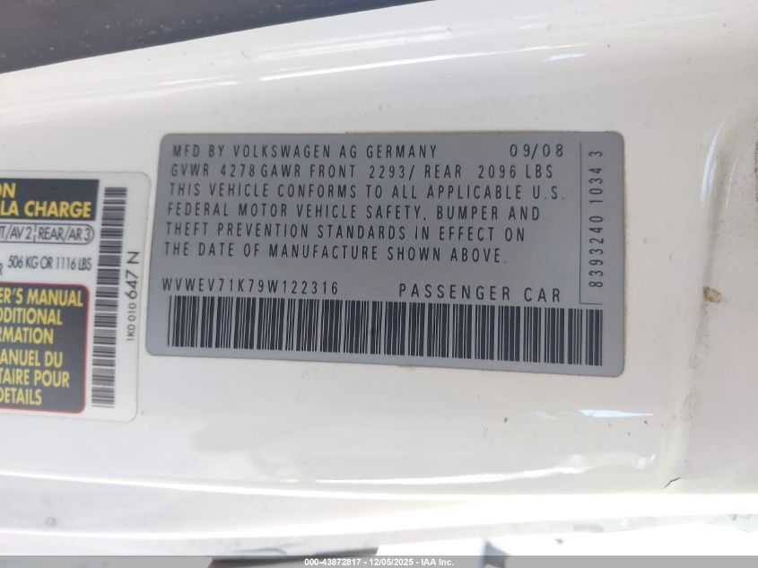 2009 Volkswagen Gti 2-Door VIN: WVWEV71K79W122316 Lot: 43872817