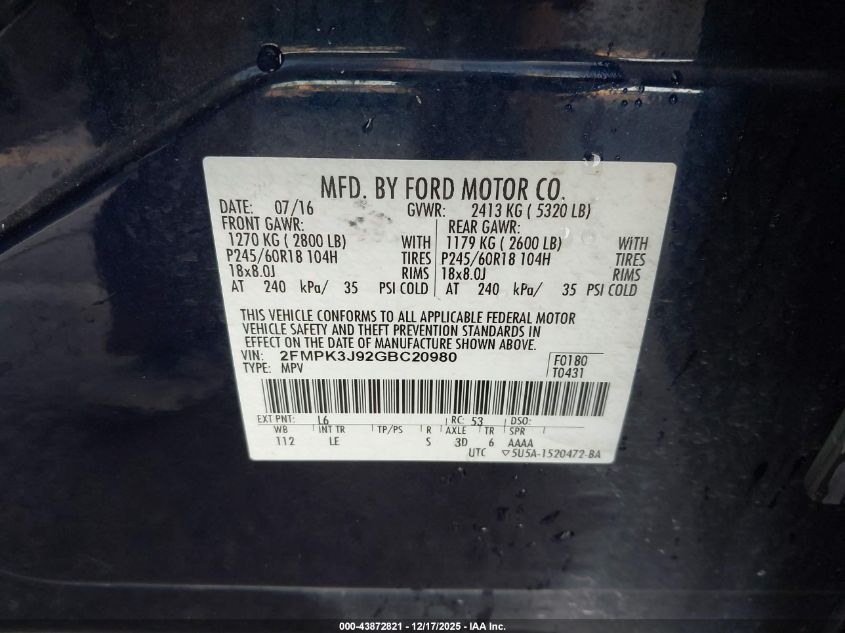 2016 Ford Edge Sel VIN: 2FMPK3J92GBC20980 Lot: 43872821