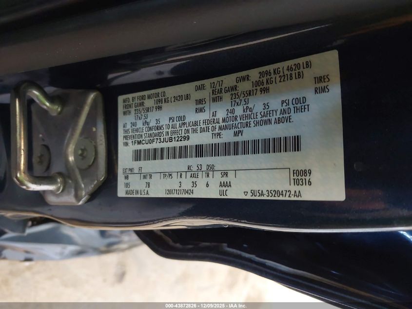 2018 Ford Escape S VIN: 1FMCU0F73JUB12299 Lot: 43872826