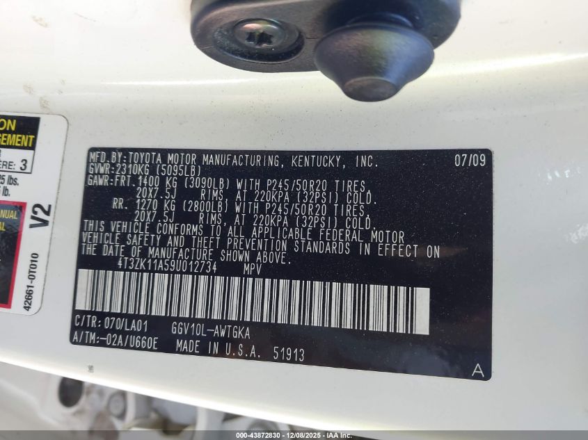 2009 Toyota Venza Base V6 VIN: 4T3ZK11A59U012734 Lot: 43872830