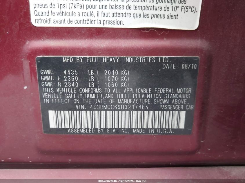 2011 Subaru Legacy 2.5I Premium VIN: 4S3BMCC69B3217465 Lot: 43872846