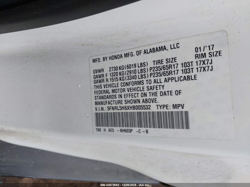 2017 Honda Odyssey Ex-L VIN: 5FNRL5H6XHB005532 Lot: 43872853