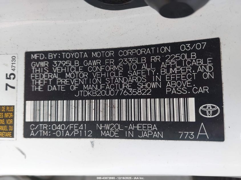 2007 Toyota Prius VIN: JTDKB20U077635822 Lot: 43872865