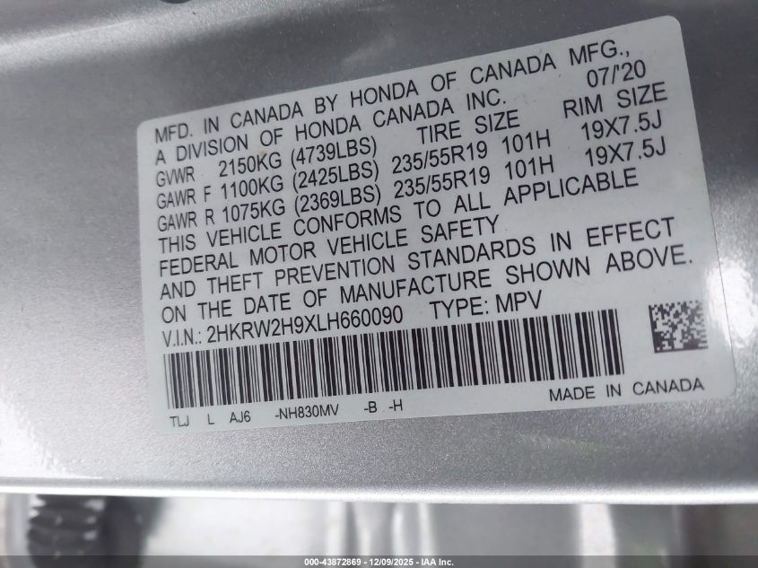 2020 Honda Cr-V Awd Touring VIN: 2HKRW2H9XLH660090 Lot: 43872869