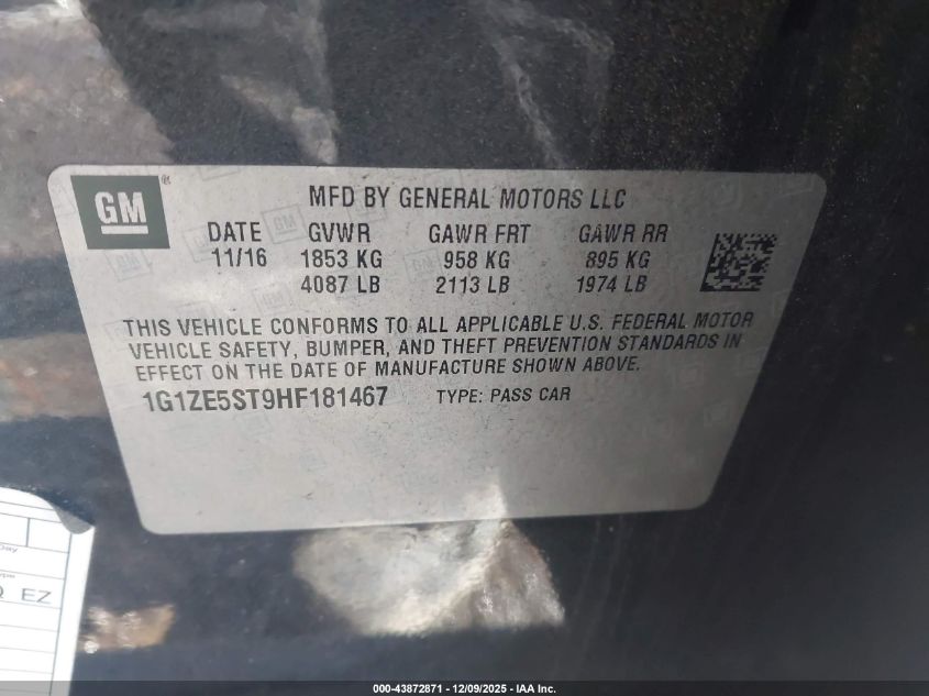 2017 Chevrolet Malibu 1Lt VIN: 1G1ZE5ST9HF181467 Lot: 43872871