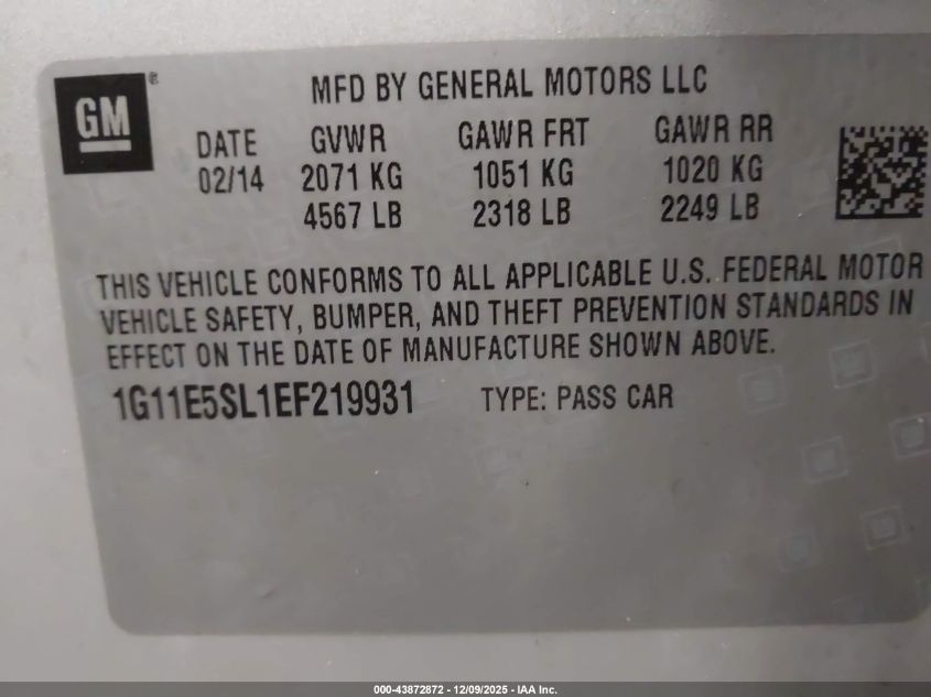 2014 Chevrolet Malibu 2Lt VIN: 1G11E5SL1EF219931 Lot: 43872872