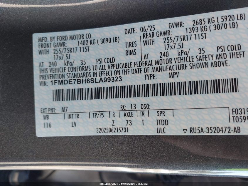 2025 Ford Bronco Big Bend VIN: 1FMDE7BH6SLA99323 Lot: 43872875