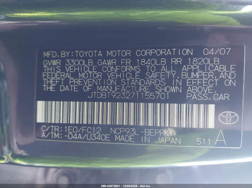 2007 Toyota Yaris S VIN: JTDBT923271155701 Lot: 43872881