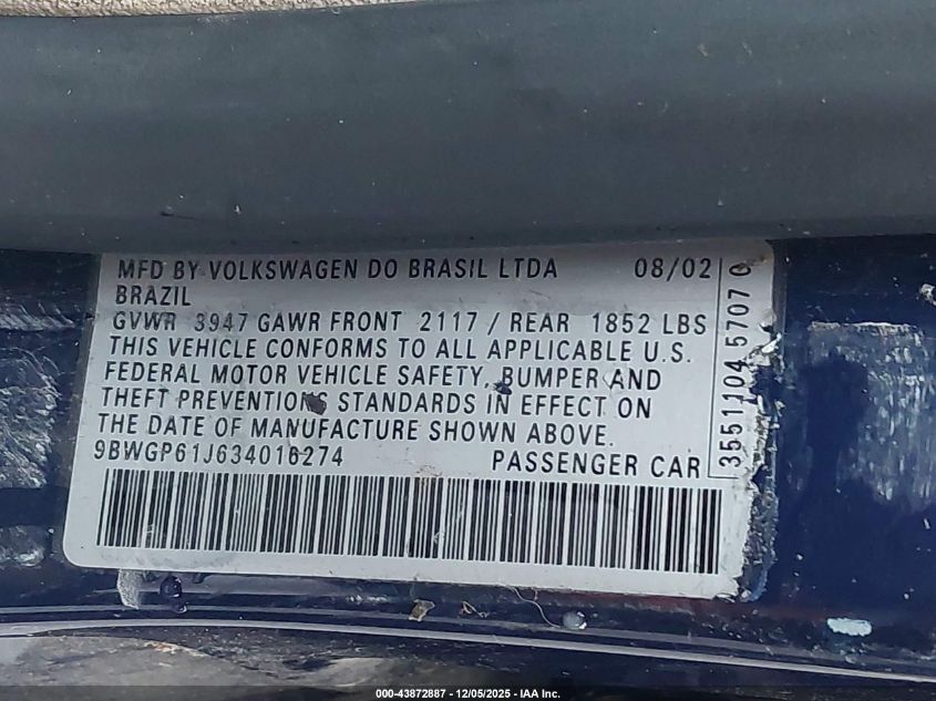 2003 Volkswagen Golf Gls Tdi VIN: 9BWGP61J634016274 Lot: 43872887