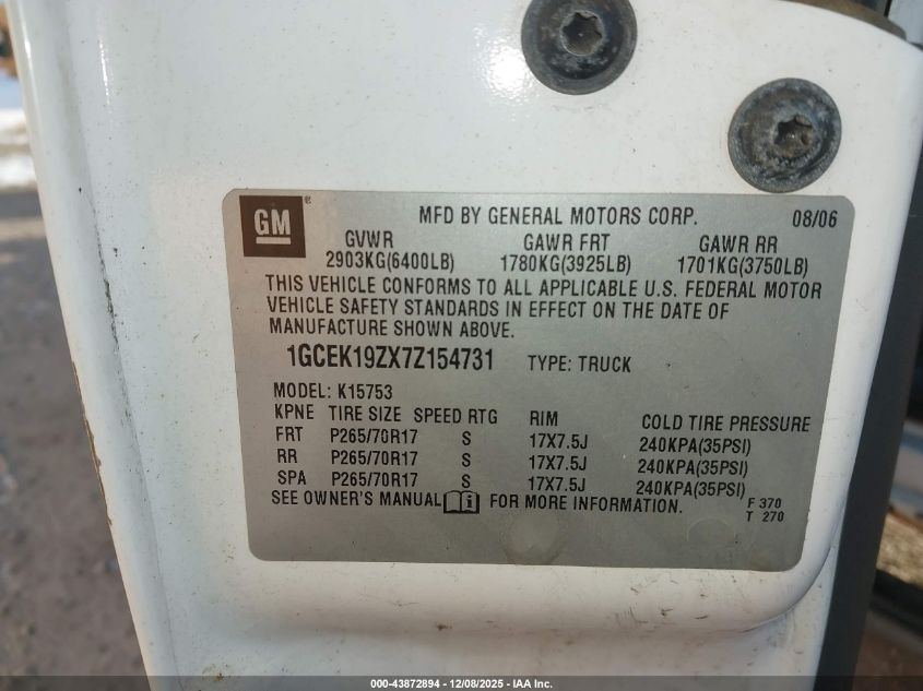 2007 Chevrolet Silverado 1500 Classic Lt1 VIN: 1GCEK19ZX7Z154731 Lot: 43872894