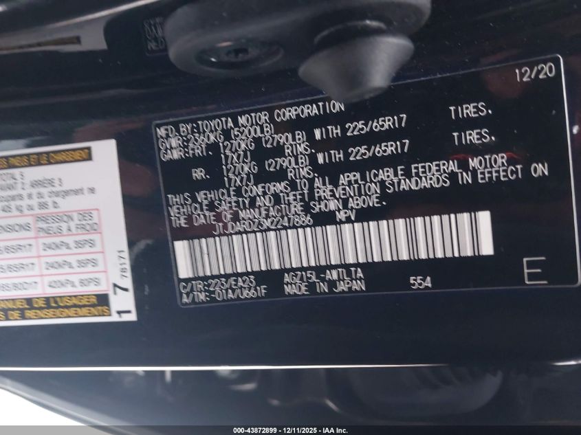 2021 Lexus Nx 300 VIN: JTJDARDZ3M2247886 Lot: 43872899