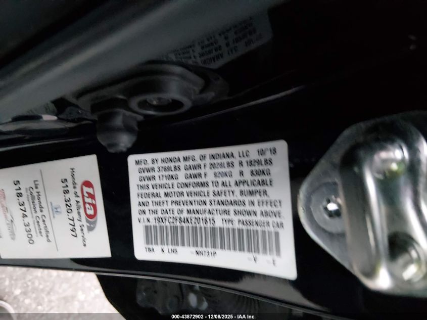 2019 Honda Civic Sport VIN: 19XFC2F84KE201615 Lot: 43872902