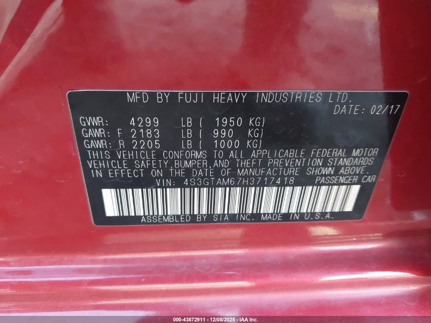 2017 Subaru Impreza 2.0I Sport VIN: 4S3GTAM67H3717418 Lot: 43872911