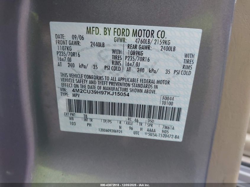 2007 Mercury Mariner Hybrid VIN: 4M2CU39H97KJ15054 Lot: 43872918