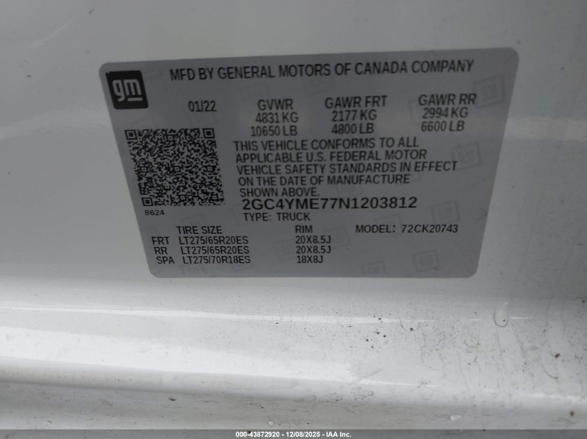 2022 Chevrolet Silverado 2500Hd 4Wd Standard Bed Custom VIN: 2GC4YME77N1203812 Lot: 43872920