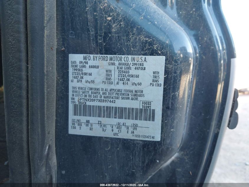 1999 Ford F-250 Lariat/Xl/Xlt VIN: 1FTNX20F7XEB97442 Lot: 43872922