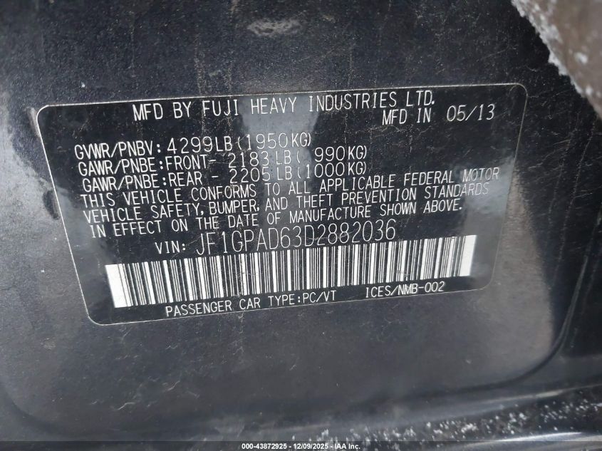 2013 Subaru Impreza 2.0I Premium VIN: JF1GPAD63D2882036 Lot: 43872925