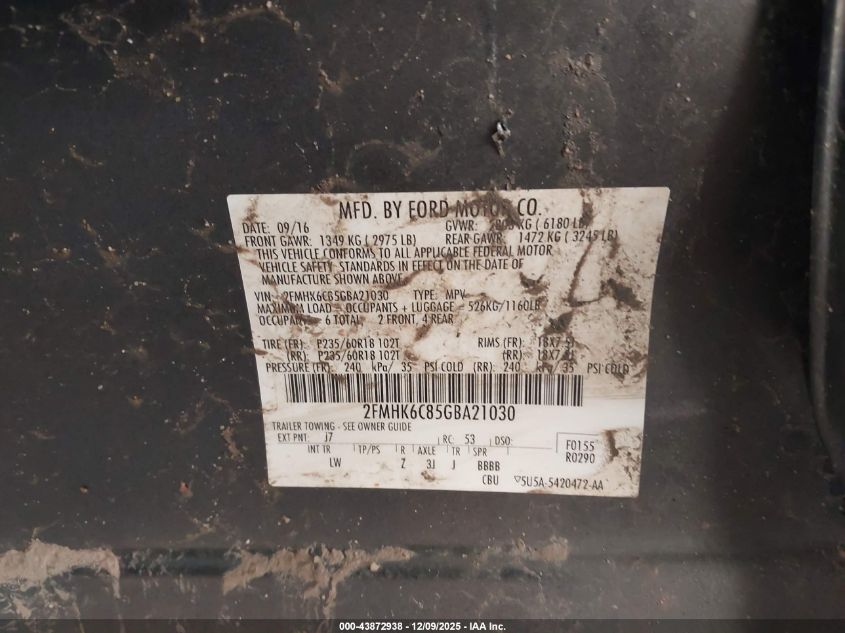 2016 Ford Flex Sel VIN: 2FMHK6C85GBA21030 Lot: 43872938