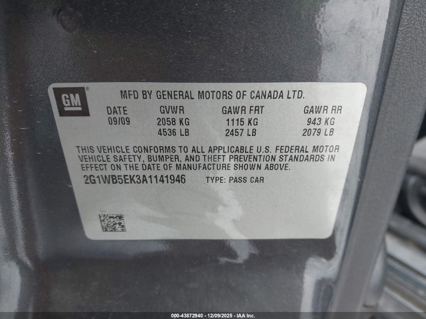 2010 Chevrolet Impala Lt VIN: 2G1WB5EK3A1141946 Lot: 43872940