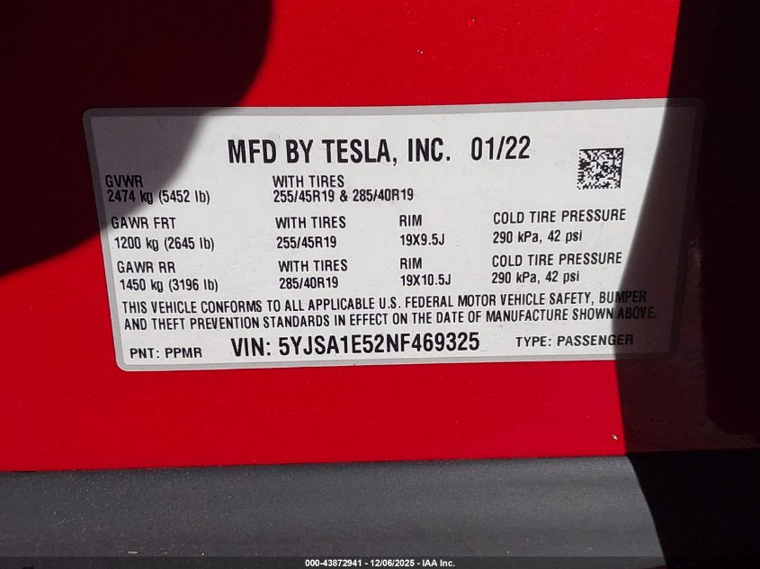 2022 Tesla Model S Dual Motor All-Wheel Drive VIN: 5YJSA1E52NF469325 Lot: 43872941