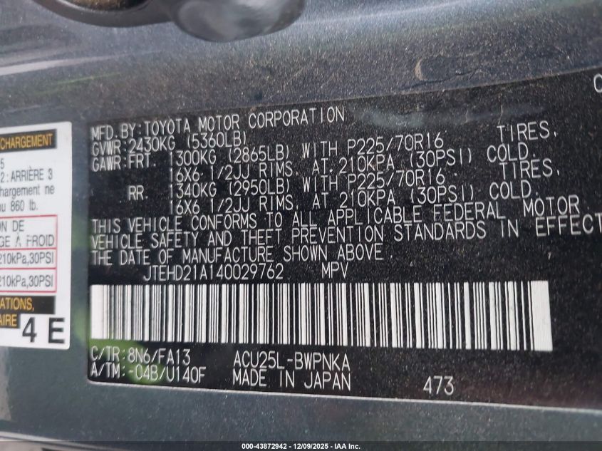 2004 Toyota Highlander VIN: JTEHD21A140029762 Lot: 43872942