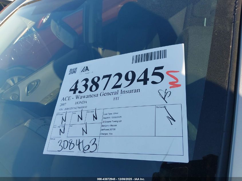 2007 Honda Fit Sport VIN: JHMGD37627S000030 Lot: 43872945