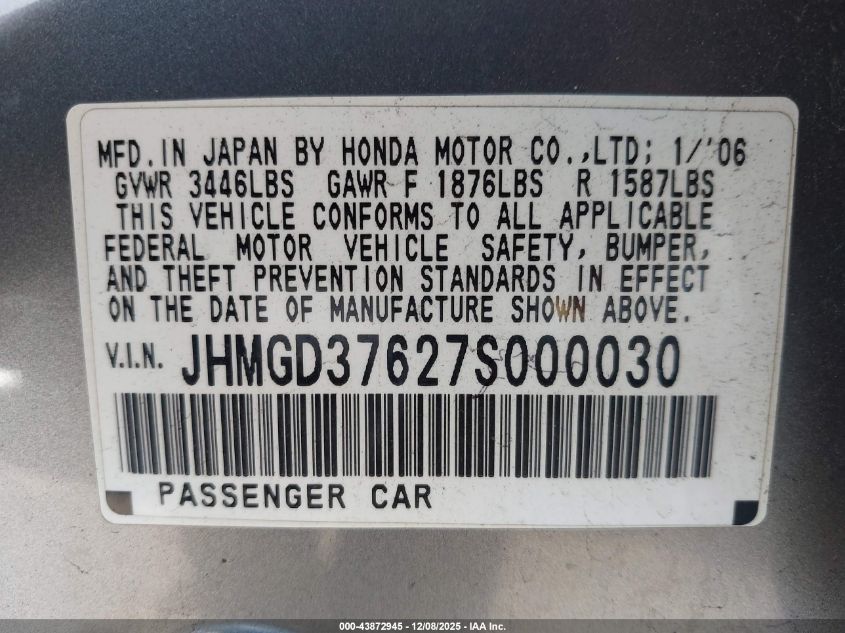 2007 Honda Fit Sport VIN: JHMGD37627S000030 Lot: 43872945