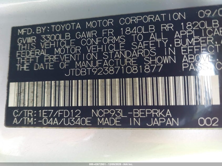 JTDBT923871081877 2007 TOYOTA YARIS photo no. 9