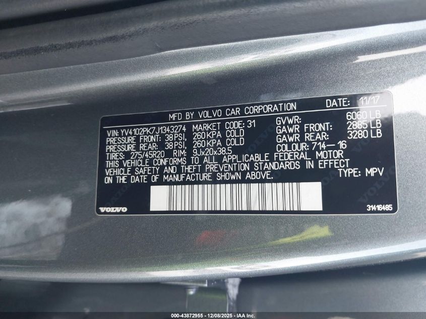 2018 Volvo Xc90 T5 Momentum VIN: YV4102PK7J1343274 Lot: 43872955