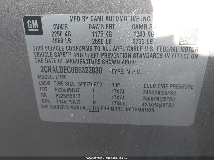 2011 Chevrolet Equinox 1Lt VIN: 2CNALDEC0B6322830 Lot: 43872957