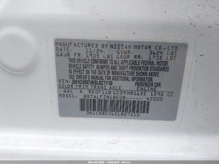 2025 Nissan Versa 1.6 Sv VIN: 3N1CN8EV6SL827110 Lot: 43872958