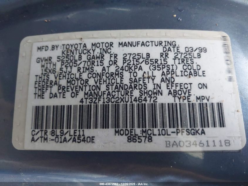 1999 Toyota Sienna Xle VIN: 4T3ZF13C2XU146472 Lot: 43872962