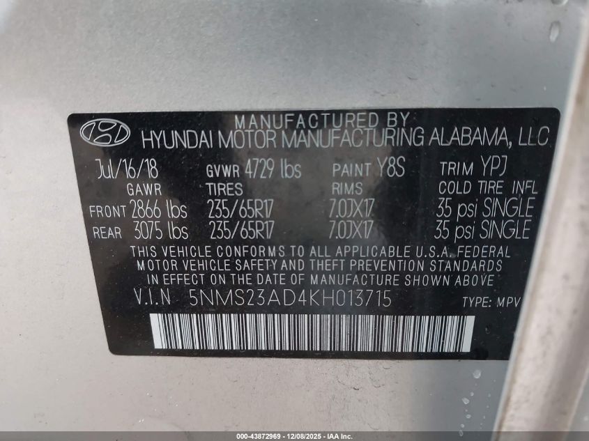 2019 Hyundai Santa Fe Se VIN: 5NMS23AD4KH013715 Lot: 43872969