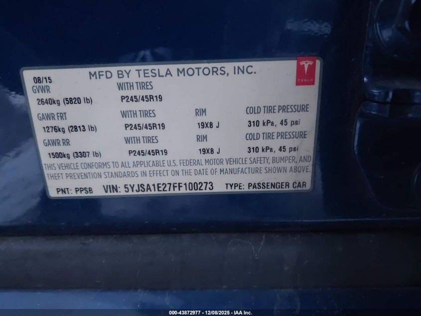 2015 Tesla Model S 70D/85D/P85D VIN: 5YJSA1E27FF100273 Lot: 43872977