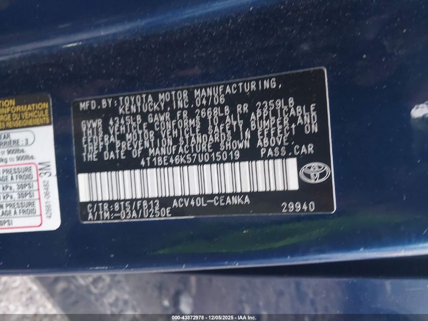 2007 Toyota Camry Le VIN: 4T1BE46K57U015019 Lot: 43872978