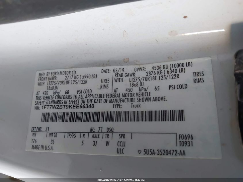 2019 Ford F-250 Xlt VIN: 1FT7W2BT9KEE66340 Lot: 43872985